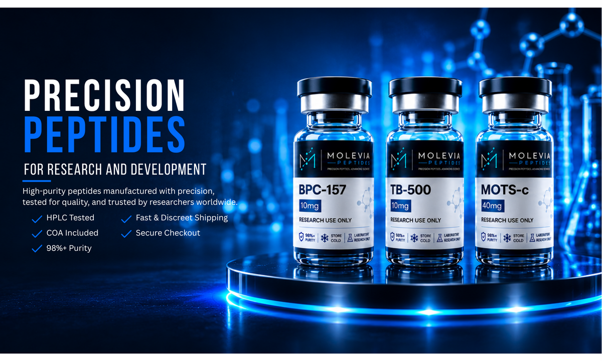 Three Molevia Labs peptide vials labeled BPC-157, TB-500, and MOTS-c displayed on a glowing circular platform against a dark blue tech-style background with the text 'PRECISION PEPTIDES FOR RESEARCH AND DEVELOPMENT'.